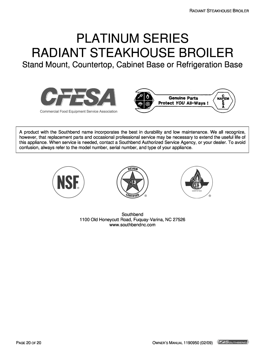 Southbend SSB-36 Platinum Series Radiant Steakhouse Broiler, Stand Mount, Countertop, Cabinet Base or Refrigeration Base 