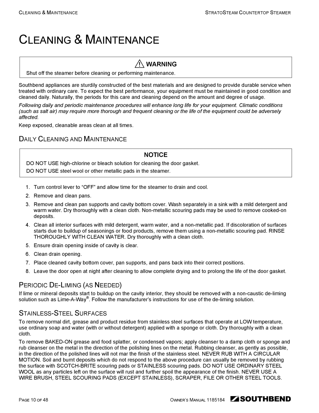 Southbend STRE-3D owner manual Cleaning & Maintenance, Daily Cleaning and Maintenance, Periodic DE-LIMING AS Needed 
