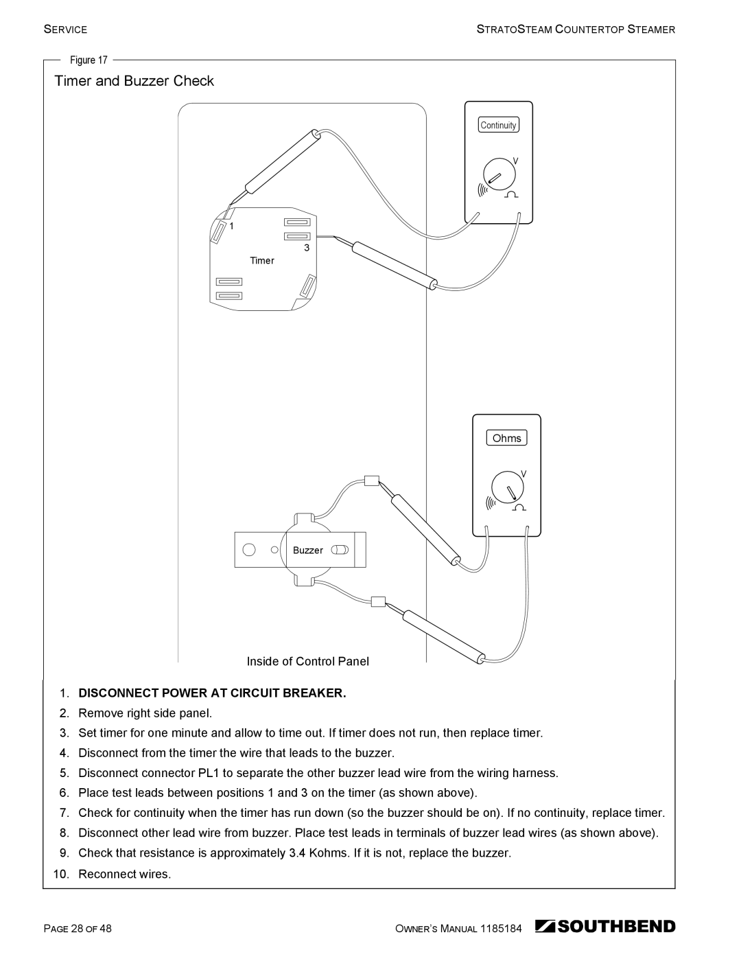 Southbend STRE-3D owner manual Timer and Buzzer Check 