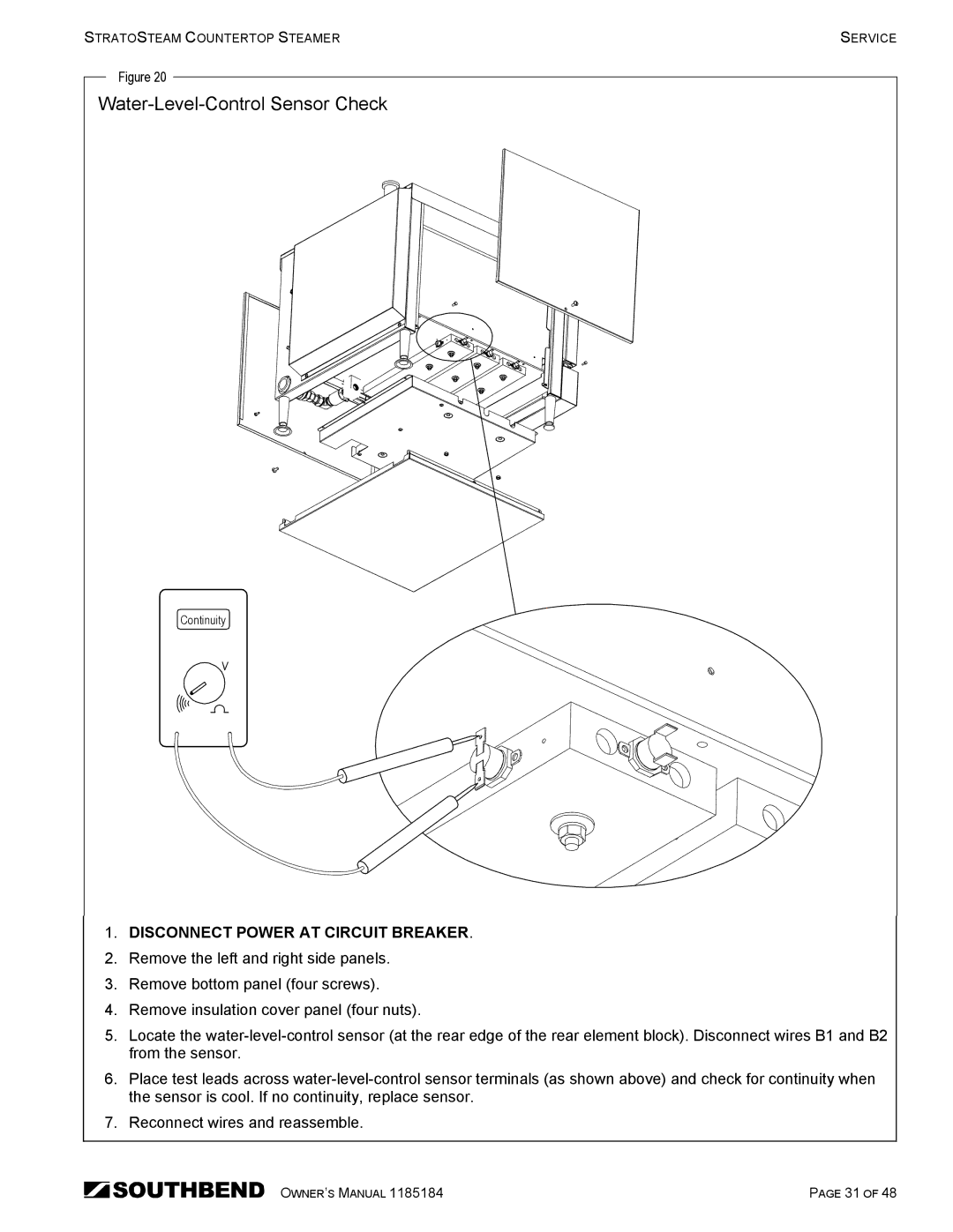 Southbend STRE-3D owner manual Water-Level-Control Sensor Check 