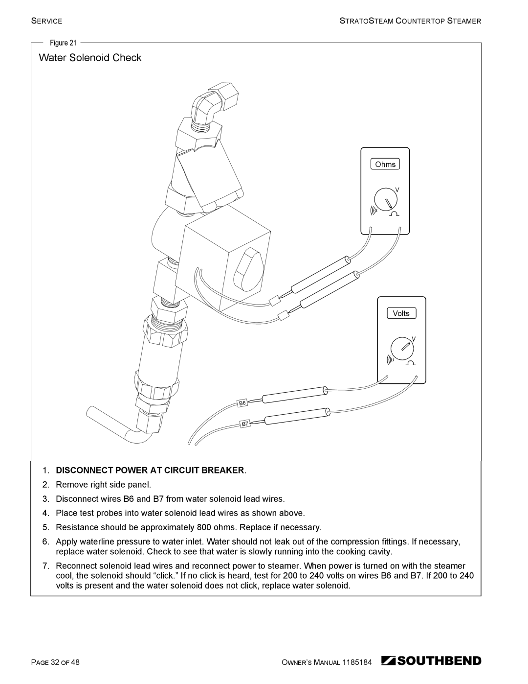 Southbend STRE-3D owner manual Water Solenoid Check 