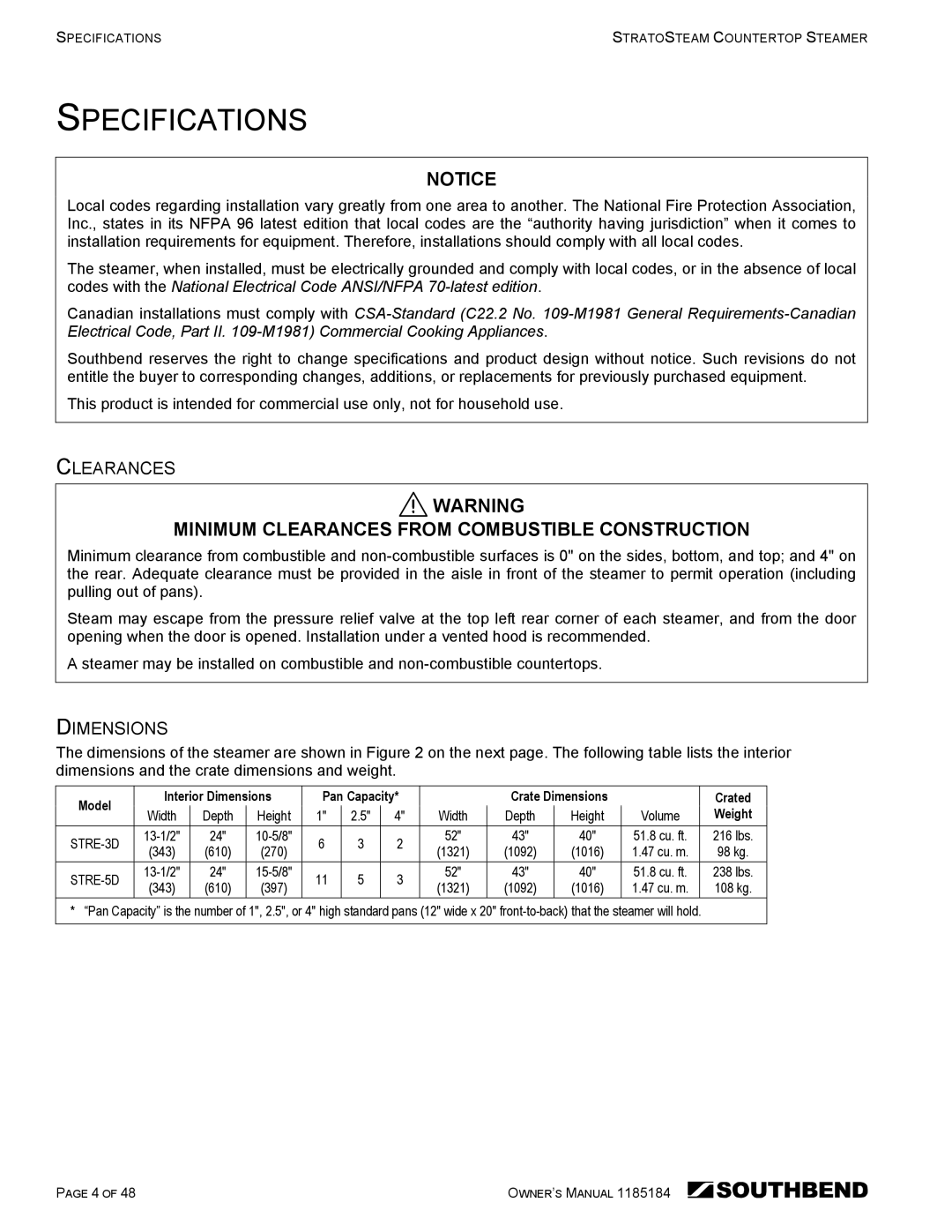 Southbend STRE-3D owner manual Specifications, Clearances, Dimensions 