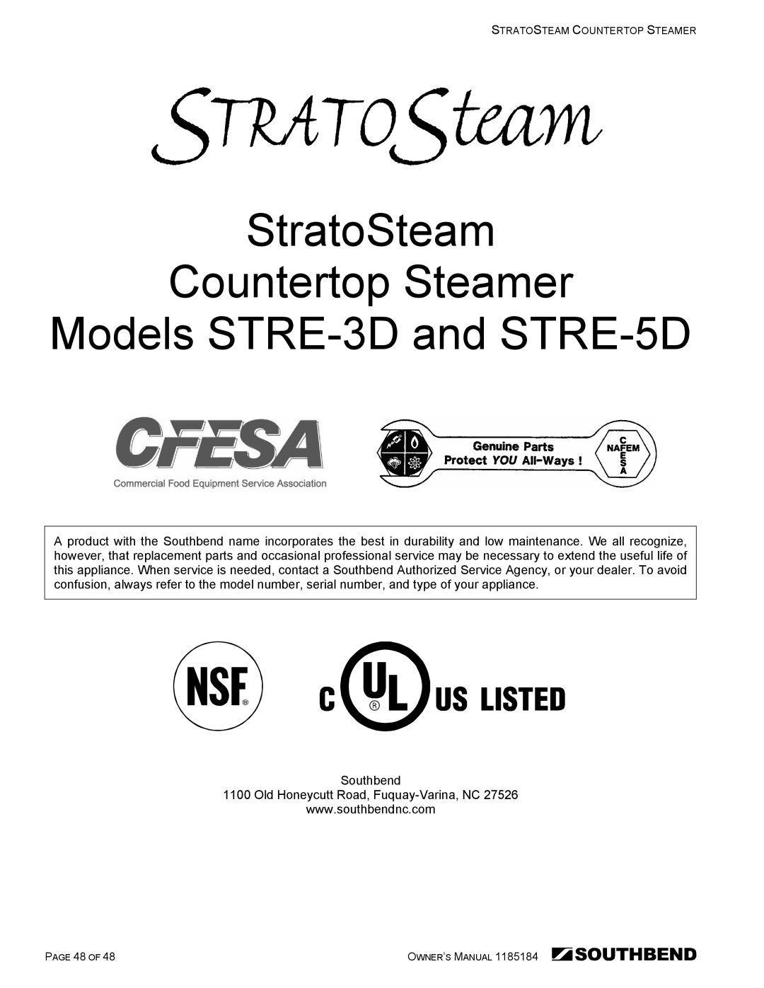 Southbend owner manual StratoSteam Countertop Steamer Models STRE-3D and STRE-5D 