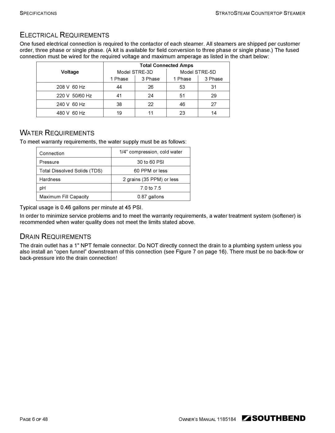 Southbend STRE-3D owner manual Electrical Requirements, Water Requirements, Drain Requirements 