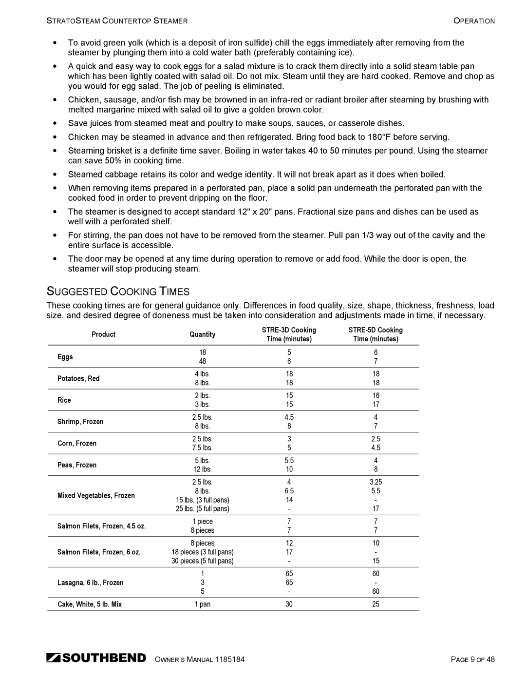 Southbend STRE-3D owner manual Suggested Cooking Times 