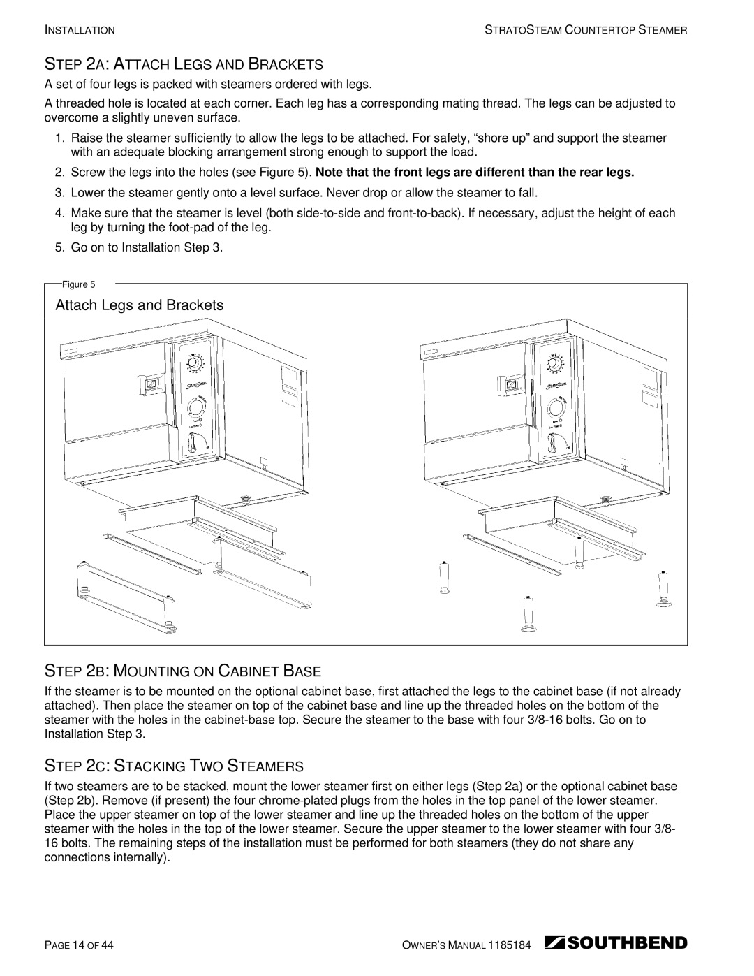 Southbend STRE-3EZ, STRE-5EZ owner manual Attach Legs and Brackets, Mounting on Cabinet Base, Stacking TWO Steamers 