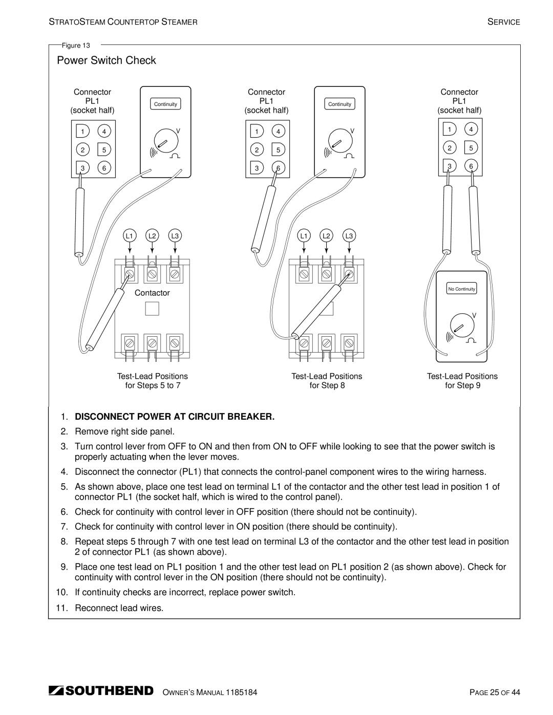 Southbend STRE-5EZ, STRE-3EZ owner manual Power Switch Check 