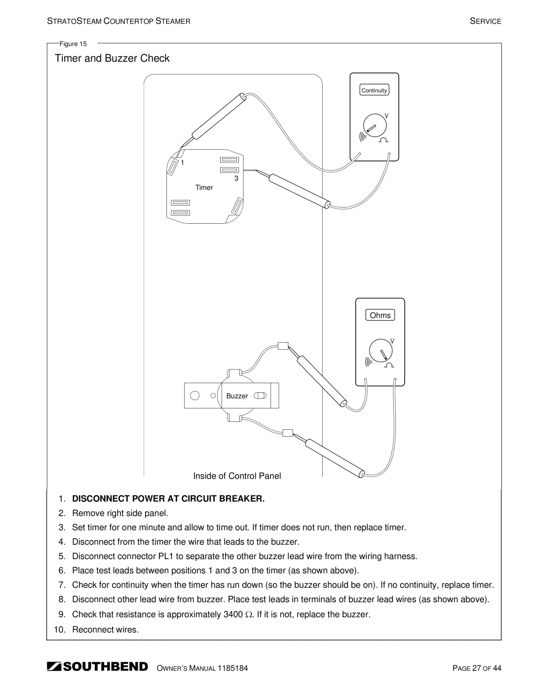 Southbend STRE-5EZ, STRE-3EZ owner manual Timer and Buzzer Check 