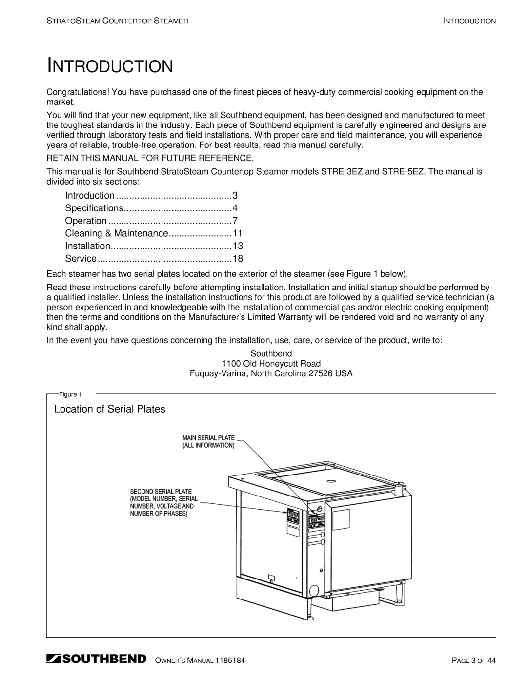 Southbend STRE-5EZ, STRE-3EZ owner manual Introduction, Location of Serial Plates 
