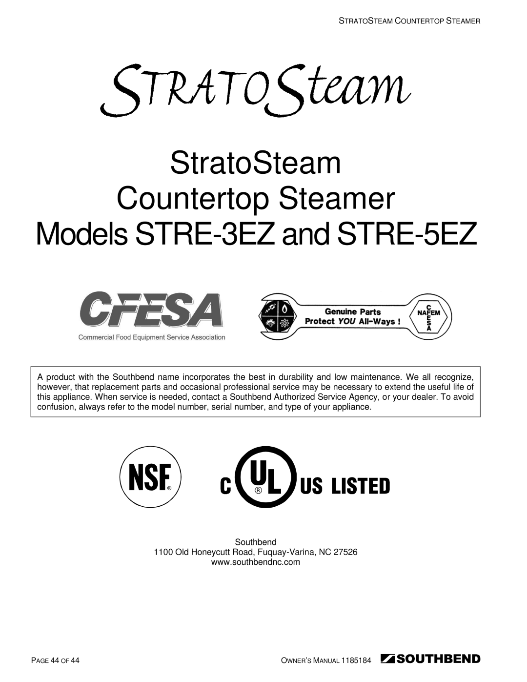 Southbend owner manual StratoSteam Countertop Steamer Models STRE-3EZ and STRE-5EZ 