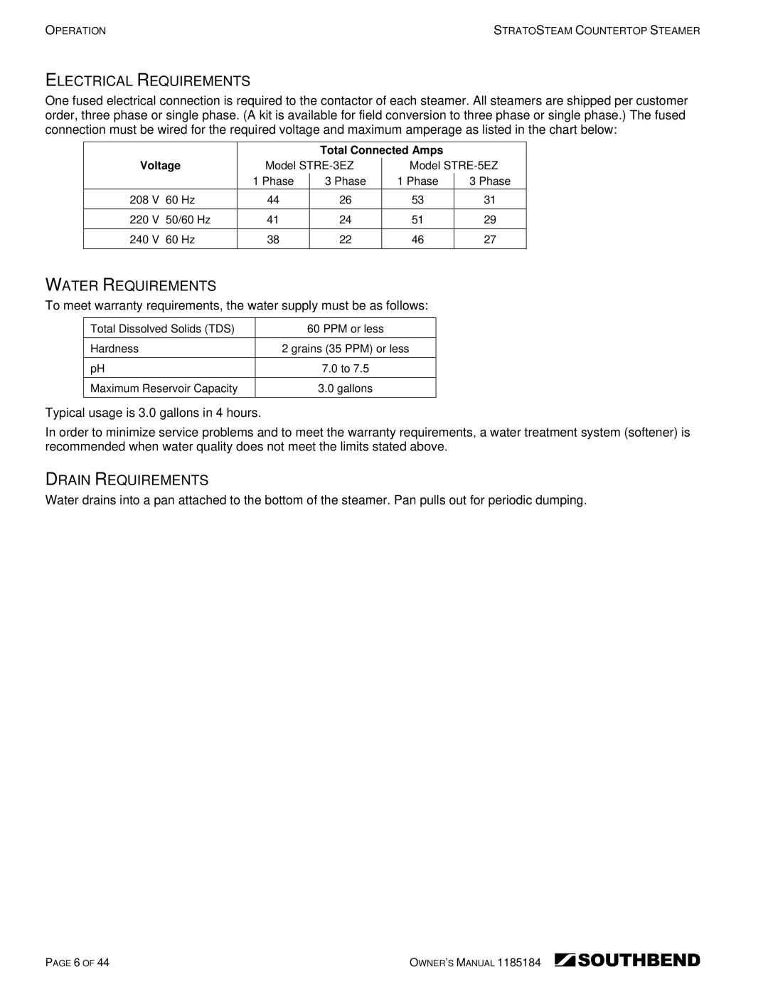 Southbend STRE-3EZ, STRE-5EZ owner manual Electrical Requirements, Water Requirements, Drain Requirements 