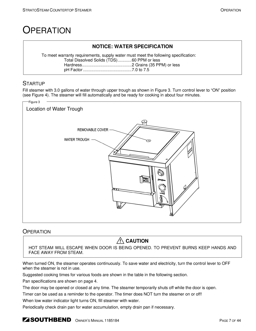 Southbend STRE-5EZ, STRE-3EZ owner manual Operation, Location of Water Trough, Startup 