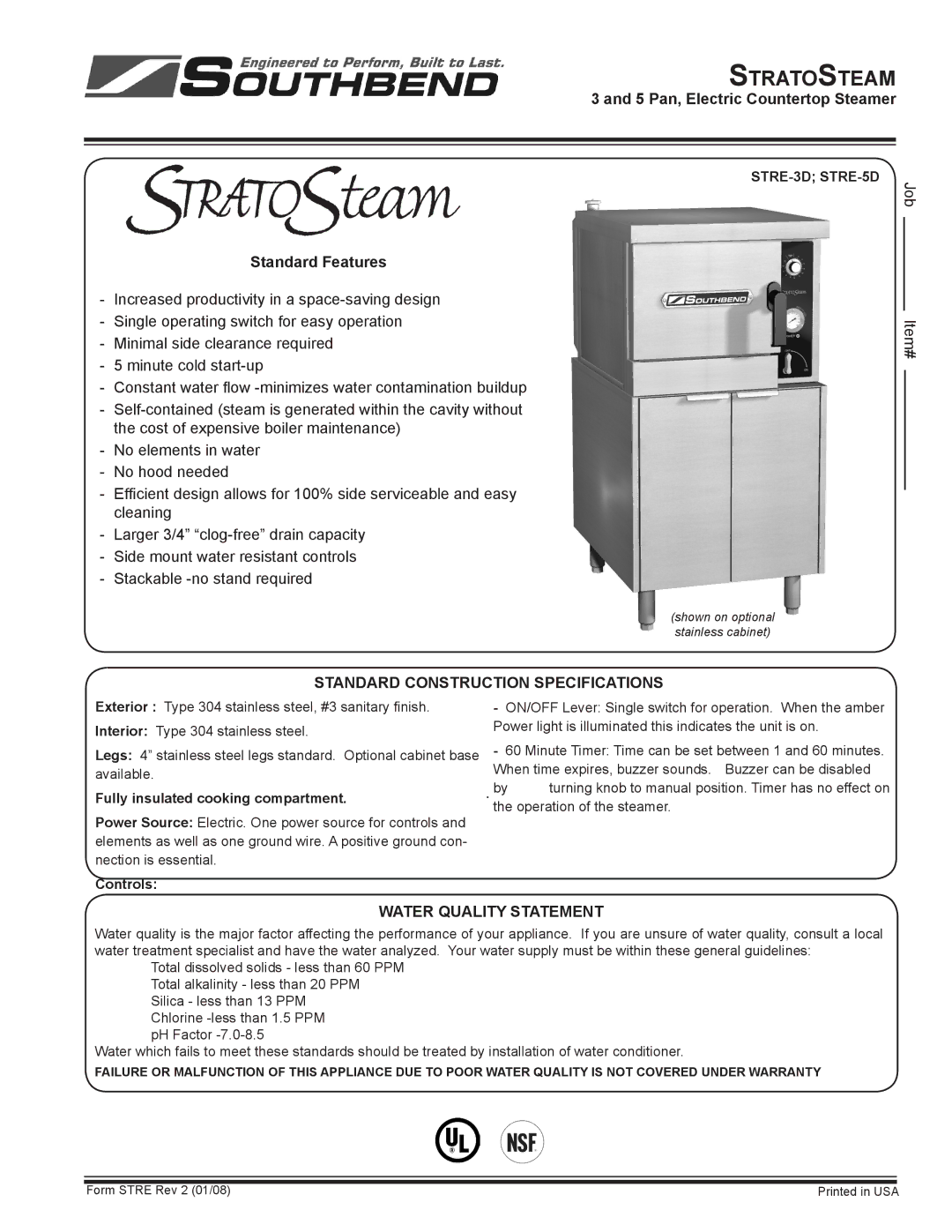 Southbend STRE-5D specifications Standard Features, 5 Pan, Electric Countertop Steamer, Water Quality Statement 