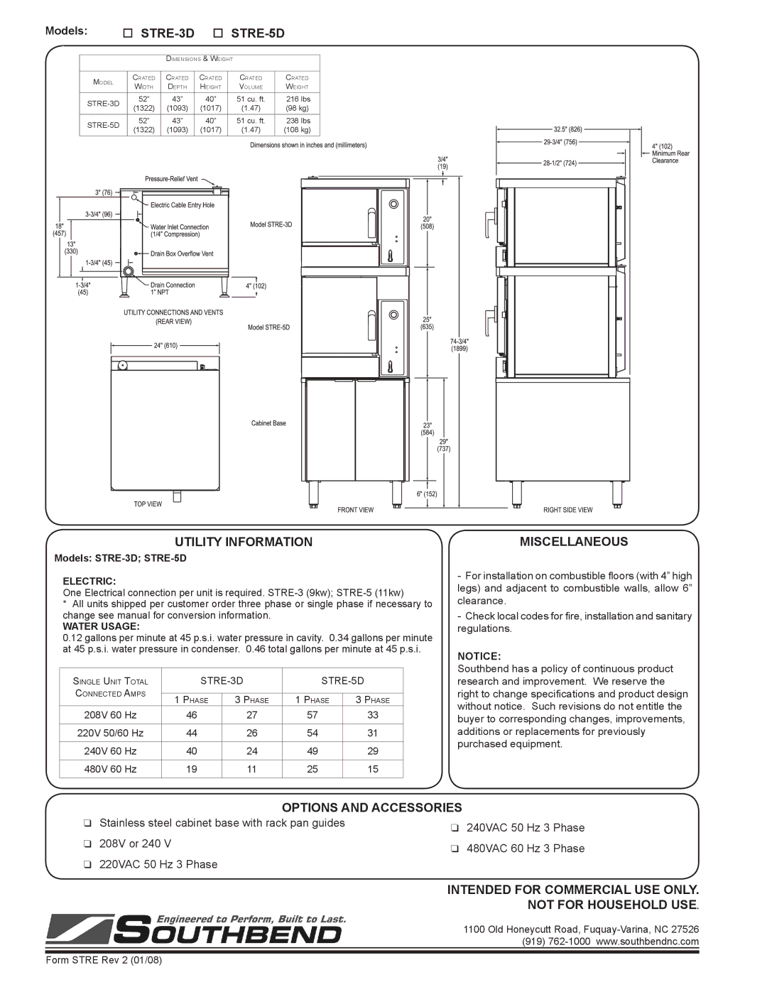 Southbend specifications  STRE-3D  STRE-5D, Intended for Commercial USE only, Not for Household USE 