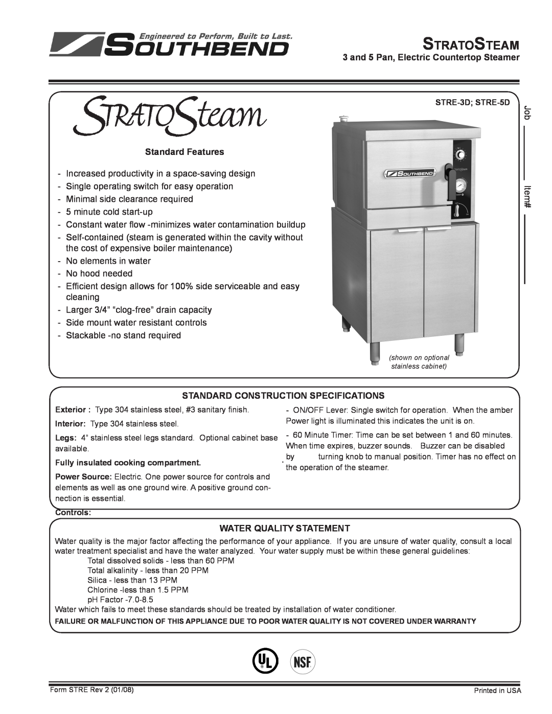 Southbend STRE-5D specifications Standard Features, and 5 Pan, Electric Countertop Steamer, Water Quality Statement 
