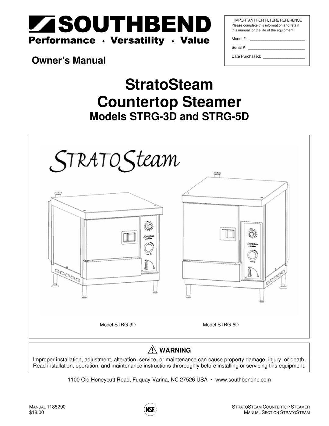 Southbend STRG-3D, STRG-5D manual StratoSteam Countertop Steamer 