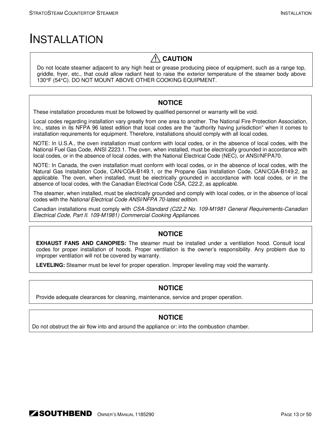 Southbend STRG-3D, STRG-5D manual Installation 