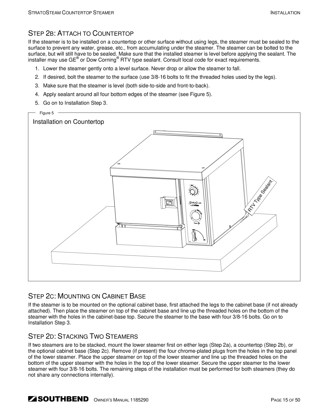 Southbend STRG-3D manual Installation on Countertop, Attach to Countertop, Mounting on Cabinet Base, Stacking TWO Steamers 