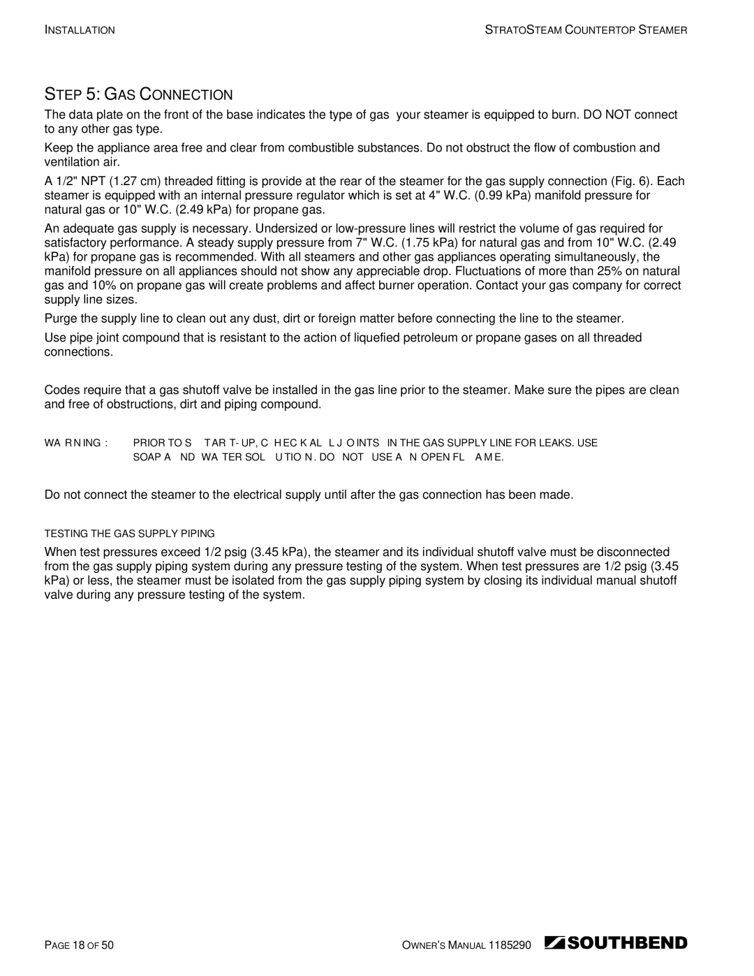 Southbend STRG-5D, STRG-3D manual GAS Connection, Testing the GAS Supply Piping 