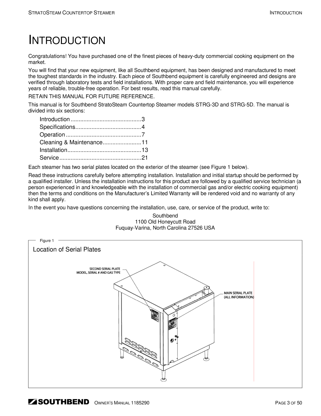 Southbend STRG-3D, STRG-5D manual Introduction, Location of Serial Plates 