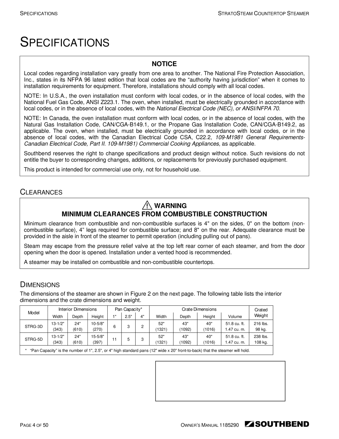 Southbend STRG-5D, STRG-3D manual Clearances, Dimensions 