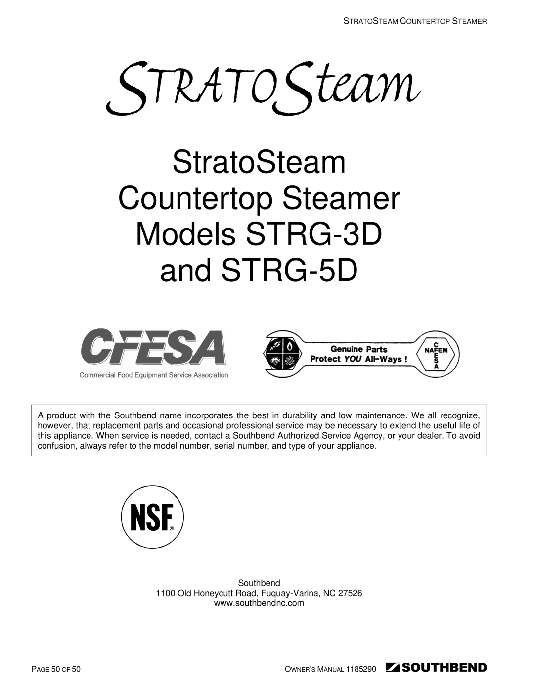 Southbend manual StratoSteam Countertop Steamer Models STRG-3D STRG-5D 