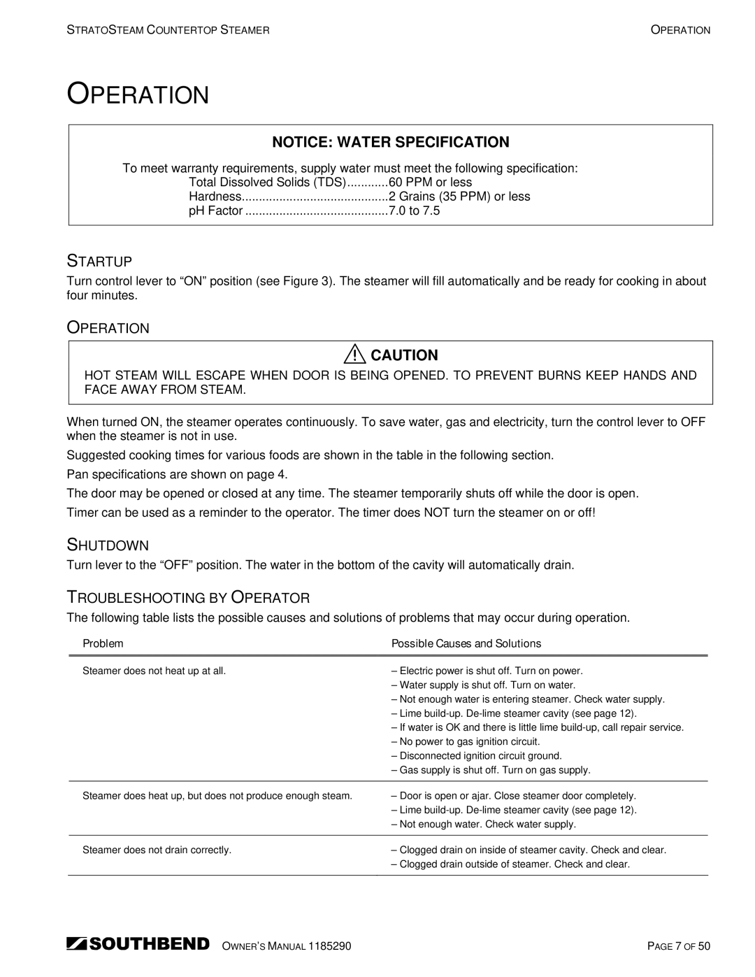 Southbend STRG-3D, STRG-5D manual Startup, Operation, Shutdown, Troubleshooting by Operator 