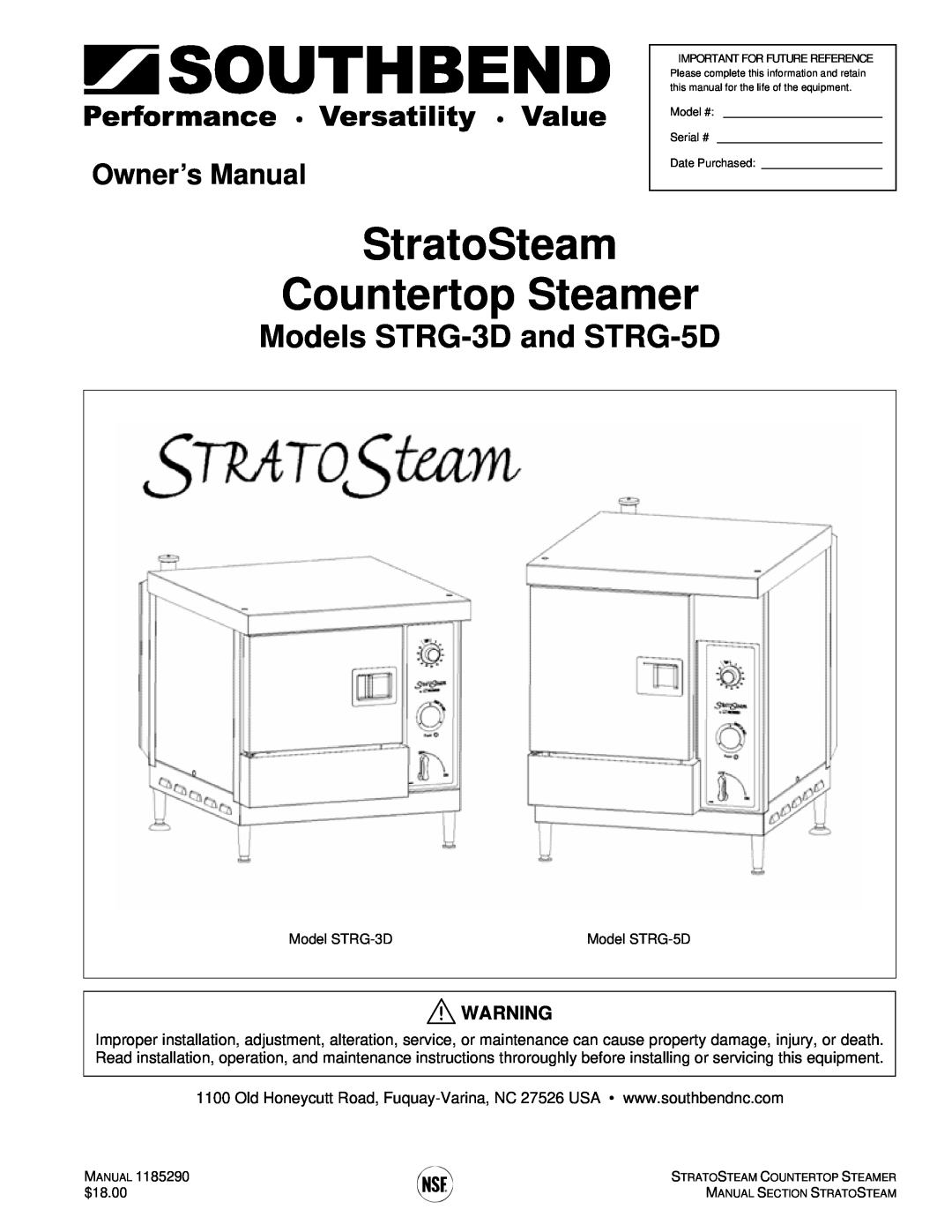 Southbend manual Models STRG-3D and STRG-5D, StratoSteam Countertop Steamer 