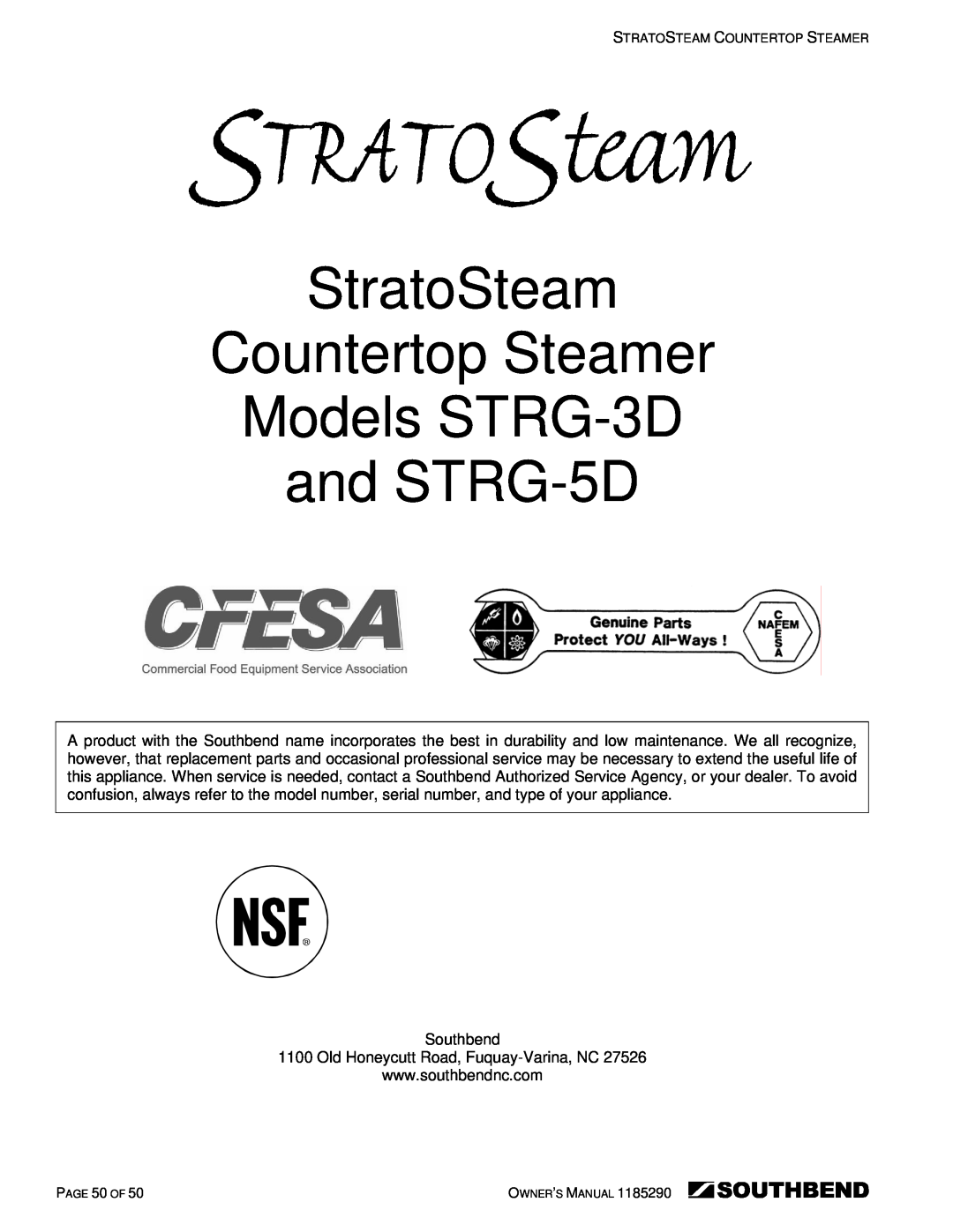 Southbend manual StratoSteam Countertop Steamer Models STRG-3D and STRG-5D 
