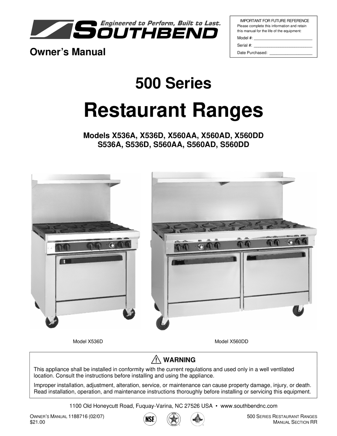 Southbend X536D, X560AA, X536A, S560DD, S536D, X560AD, S560AA, S560AD, X560DD S536A owner manual Restaurant Ranges 