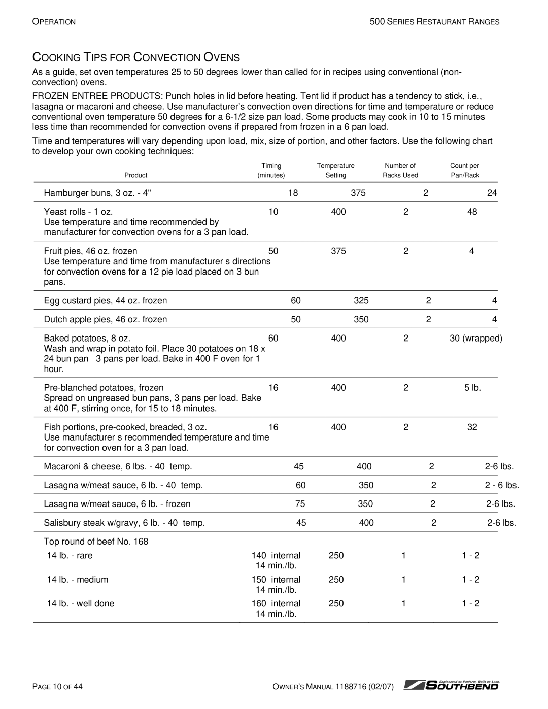 Southbend X536D, X560AA, X536A, S560DD, S536D, X560AD, S560AA, S560AD, X560DD S536A owner manual Cooking Tips for Convection Ovens 