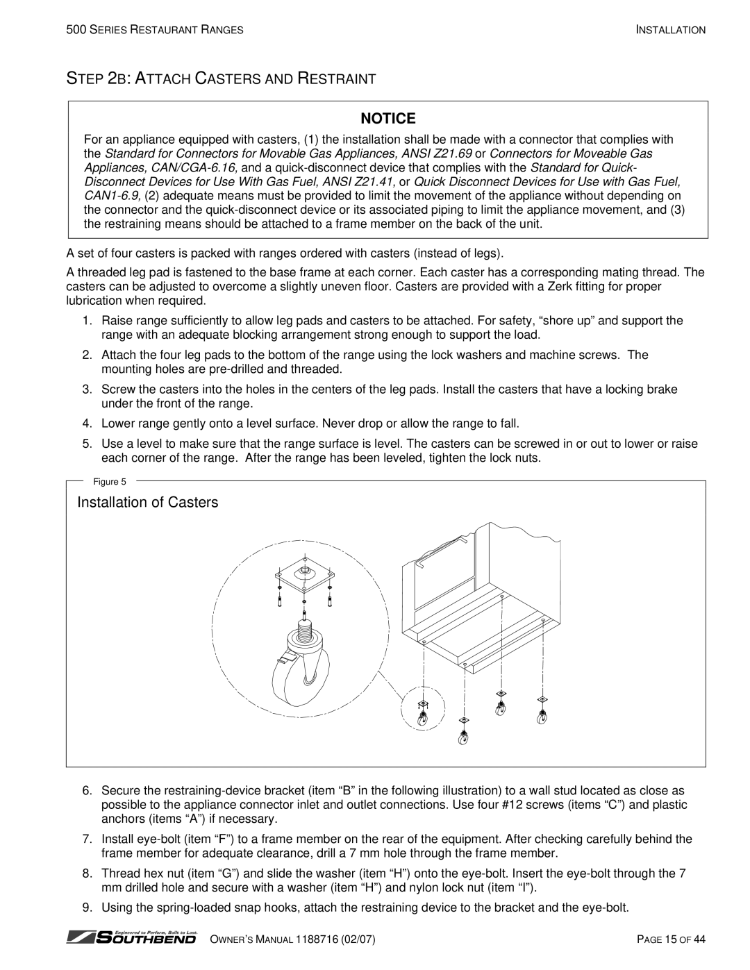 Southbend S560AA, X560AA, X536D, X536A, S560DD, S536D, X560AD, S560AD Installation of Casters, Attach Casters and Restraint 