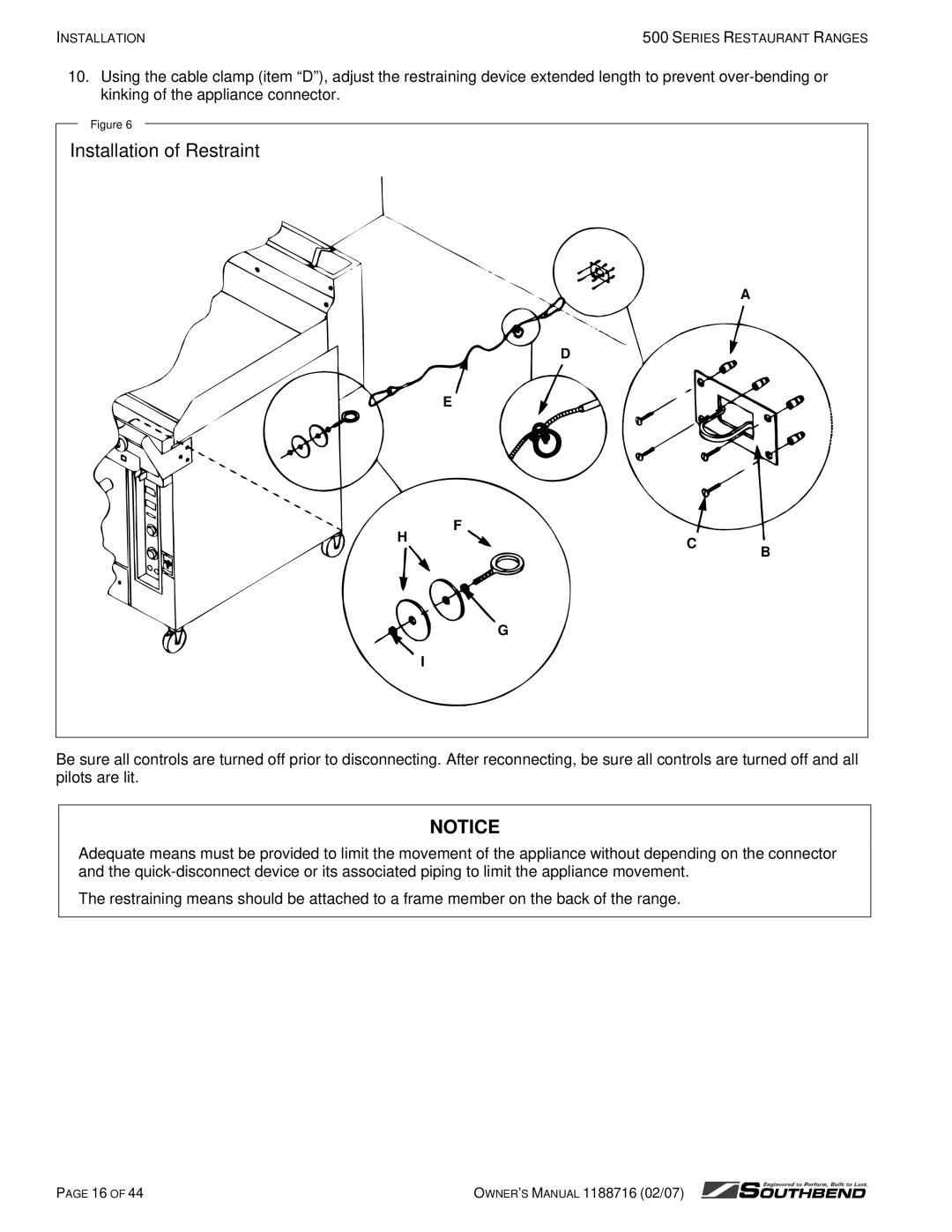 Southbend S560AD, X560AA, X536D, X536A, S560DD, S536D, X560AD, S560AA, X560DD S536A owner manual Installation of Restraint 