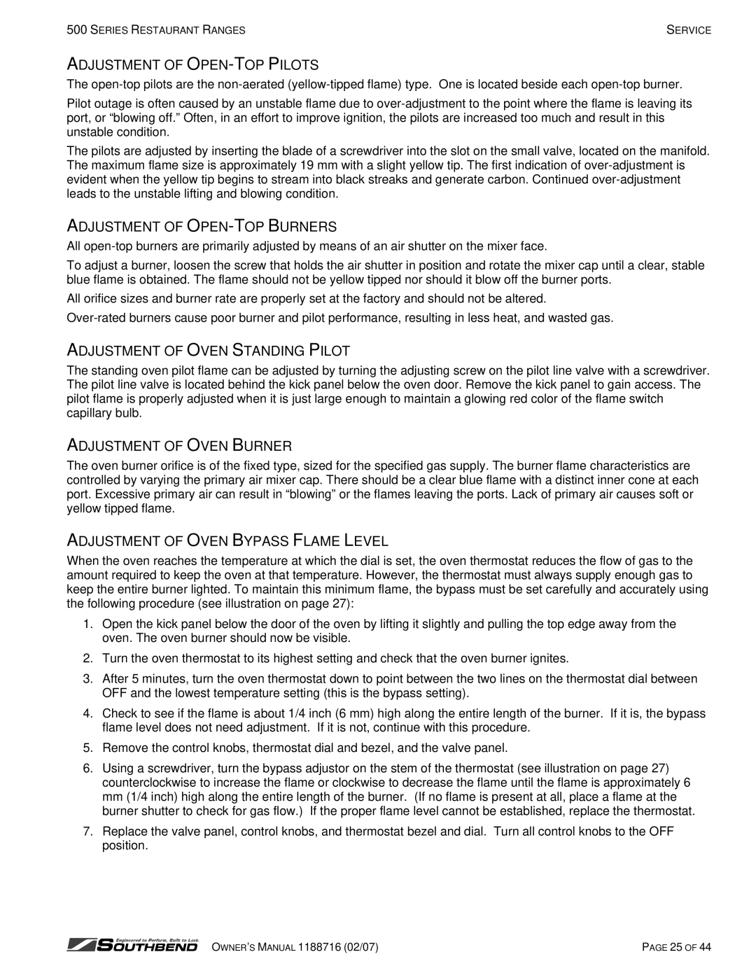 Southbend S560AD, X560AA Adjustment of OPEN-TOP Pilots, Adjustment of OPEN-TOP Burners, Adjustment of Oven Standing Pilot 