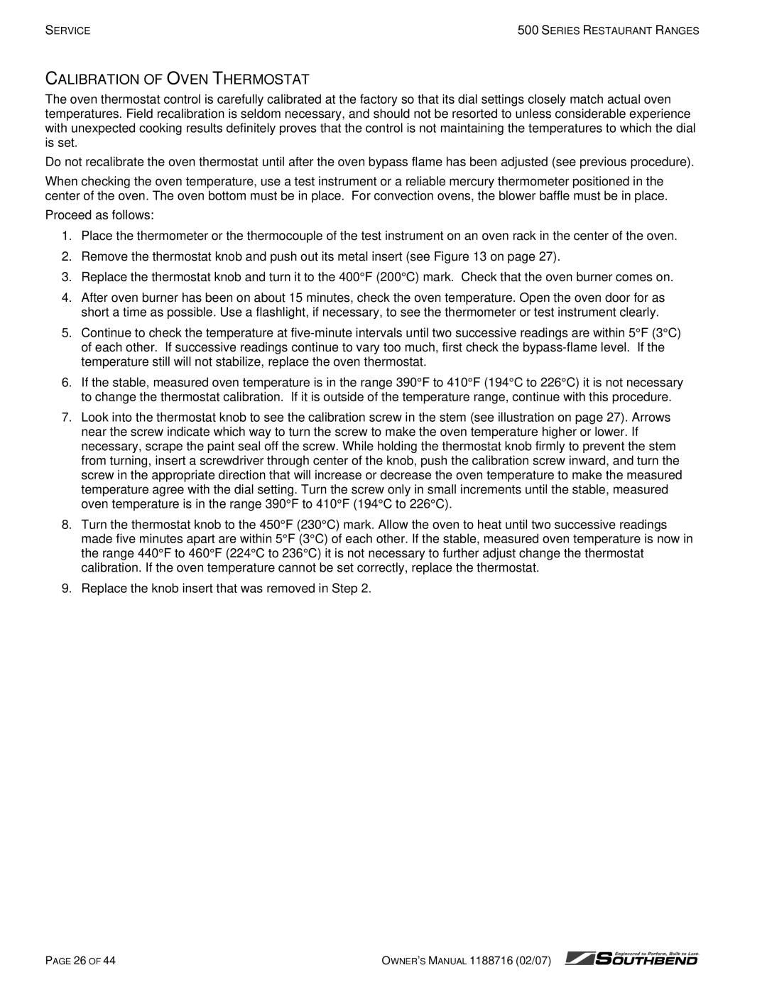 Southbend X560DD S536A, X560AA, X536D, X536A, S560DD, S536D, X560AD, S560AA, S560AD owner manual Calibration of Oven Thermostat 