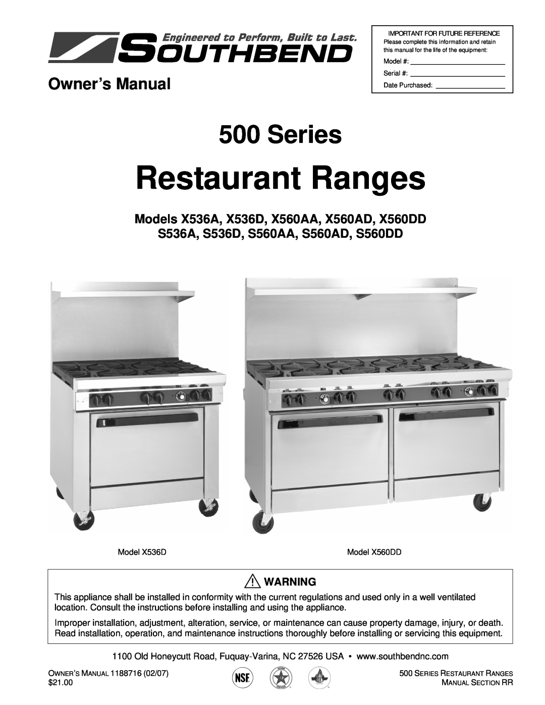 Southbend S560DD, S536D, S560AA owner manual Restaurant Ranges, Series, Models X536A, X536D, X560AA, X560AD, X560DD 