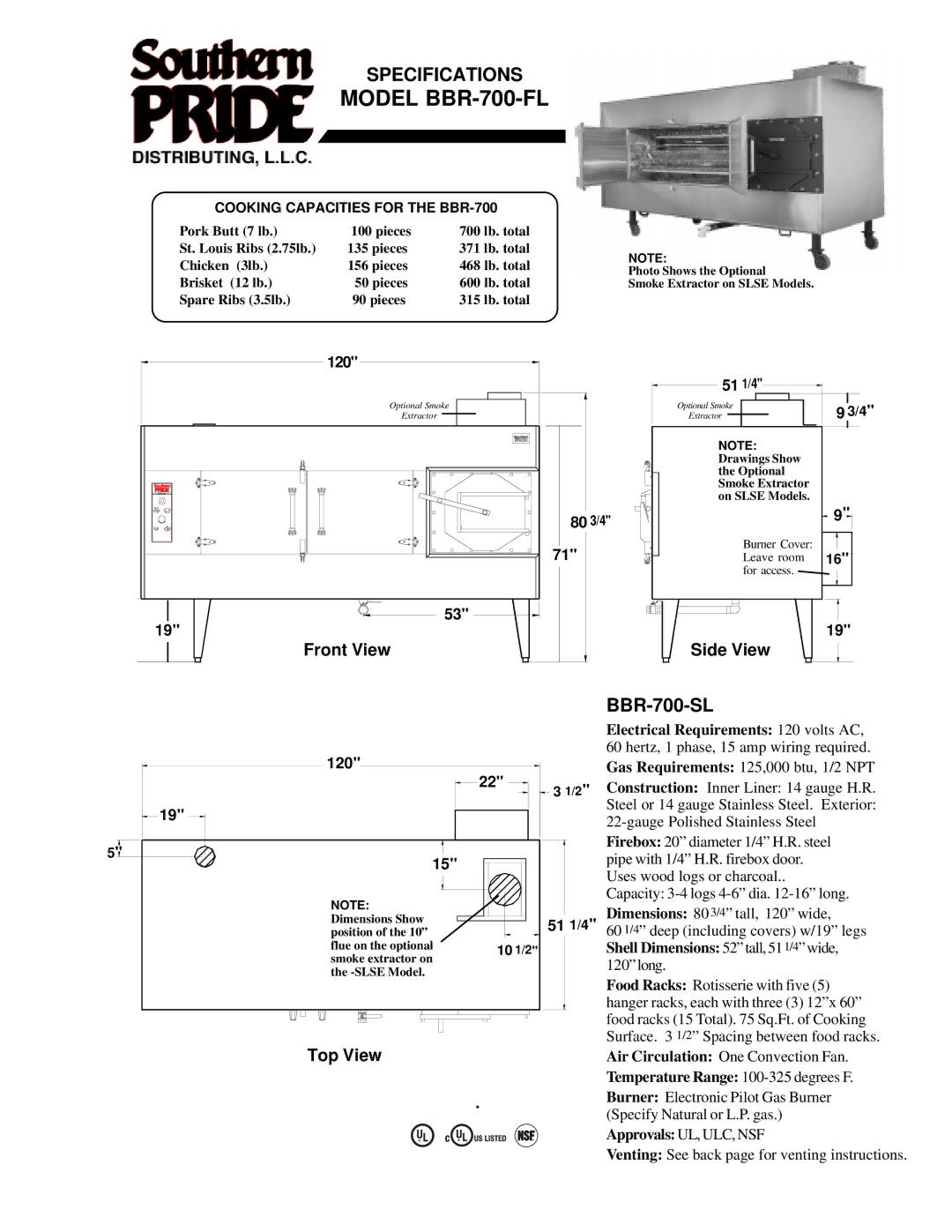 Southern Pride manual Model BBR-700-FL, Specifications, BBR-700-SL, Temperature Range 100-325 degrees F 