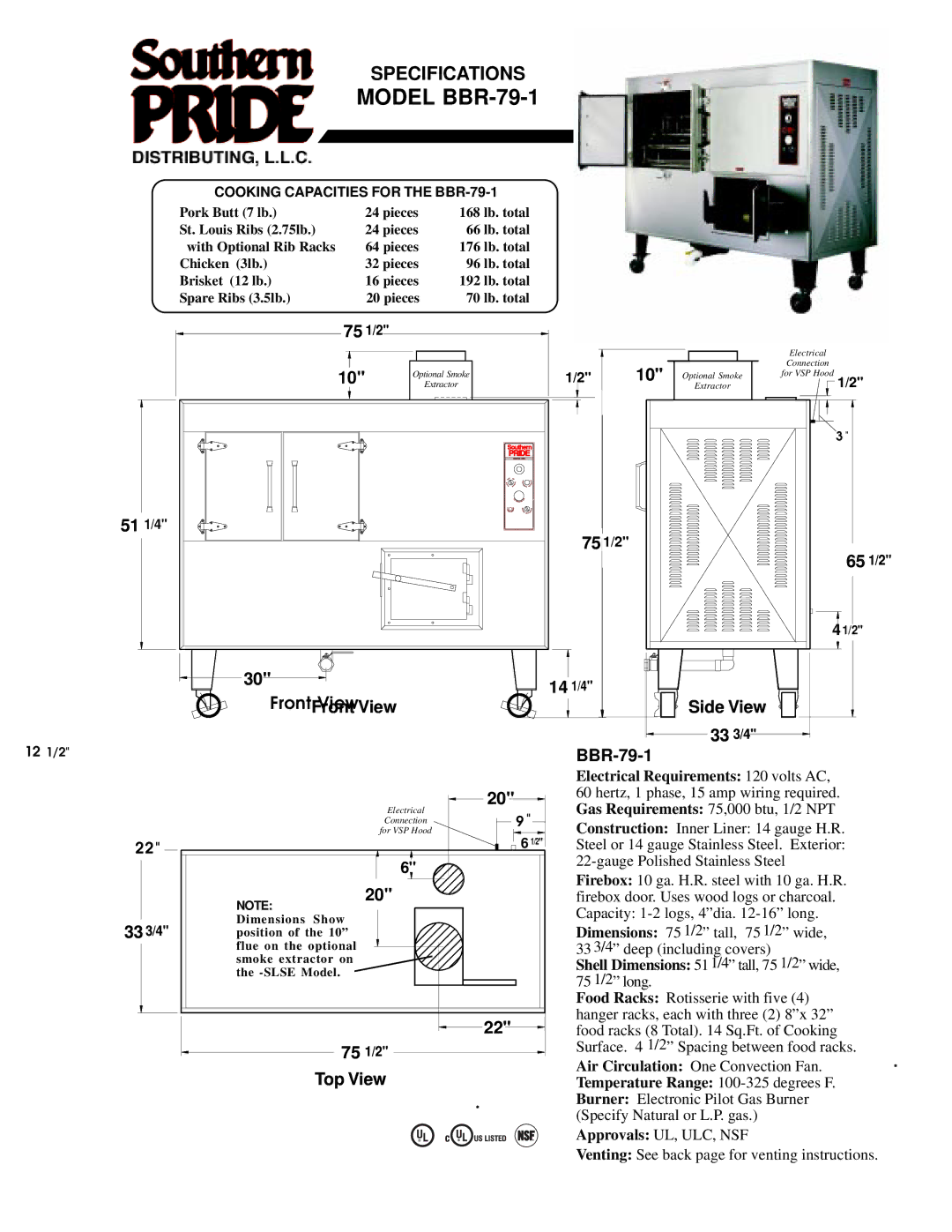 Southern Pride manual Model BBR-79-1, 75 1/2, Front View, Top View 