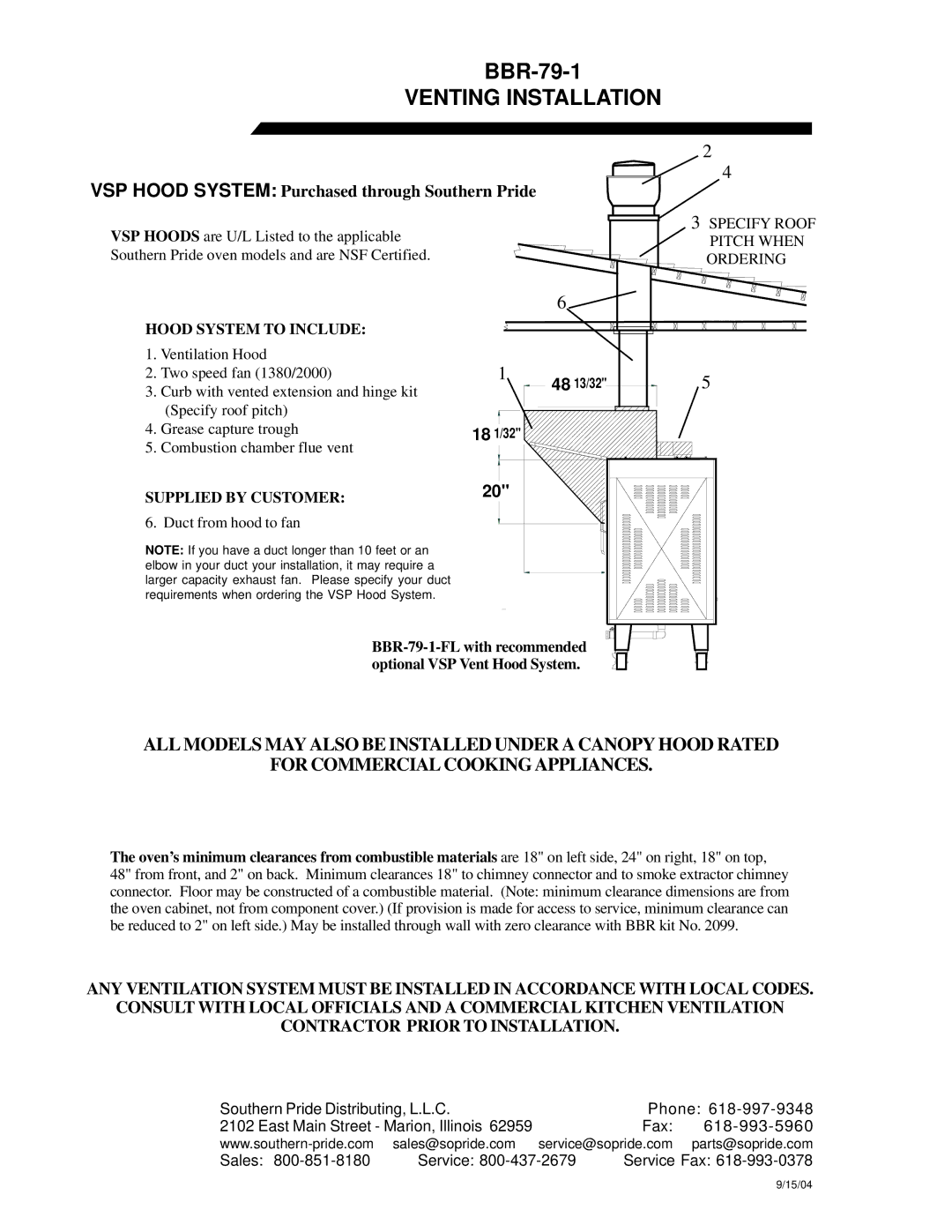 Southern Pride BBR-79-1 manual Venting Installation, Hood System to Include, Supplied by Customer 