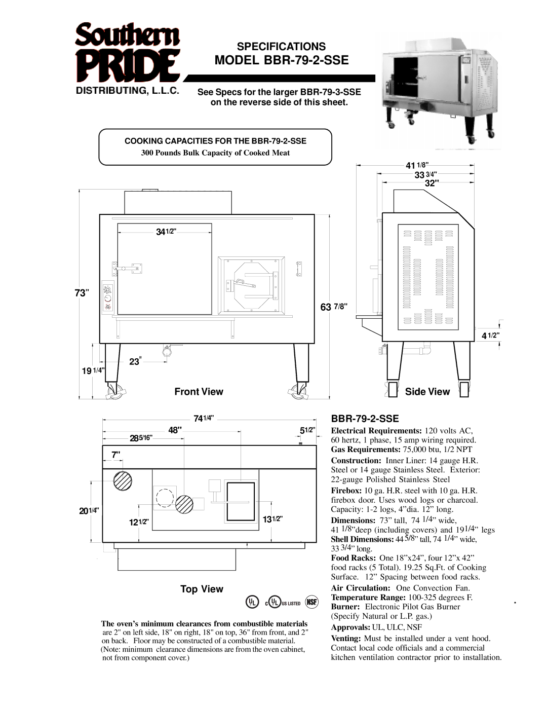 Southern Pride manual Model BBR-79-2-SSE, Front View Side View, Top View BBR-79-2-SSE 