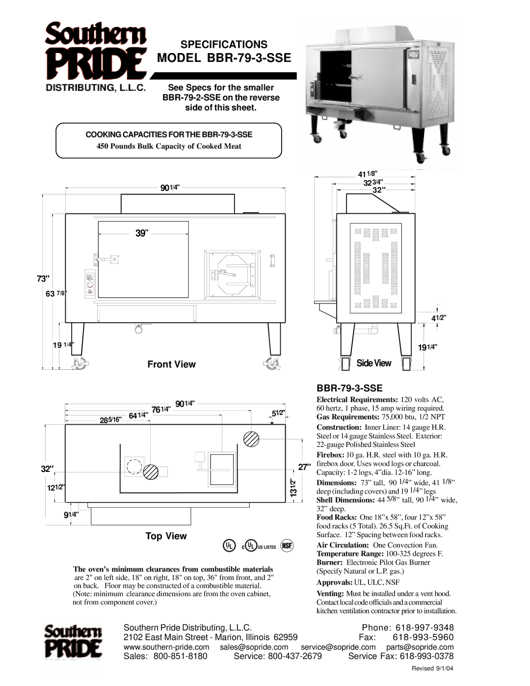 Southern Pride BBR-79-2-SSE manual Model BBR-79-3-SSE, Front View, SideView BBR-79-3-SSE, Top View 