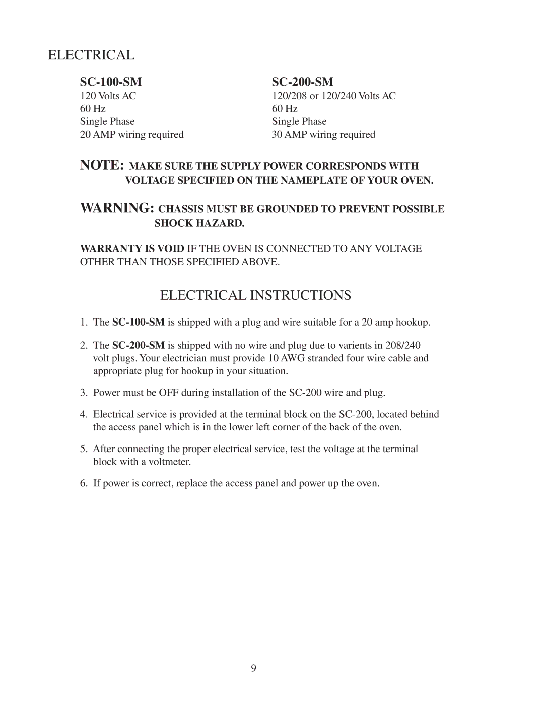 Southern Pride SC-200, SC-100 manual Electrical 