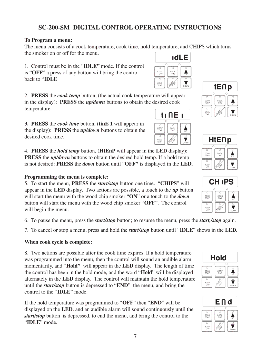 Southern Pride SC-200-SM Digital Control Operating Instructions, To Program a menu, Programming the menu is complete 