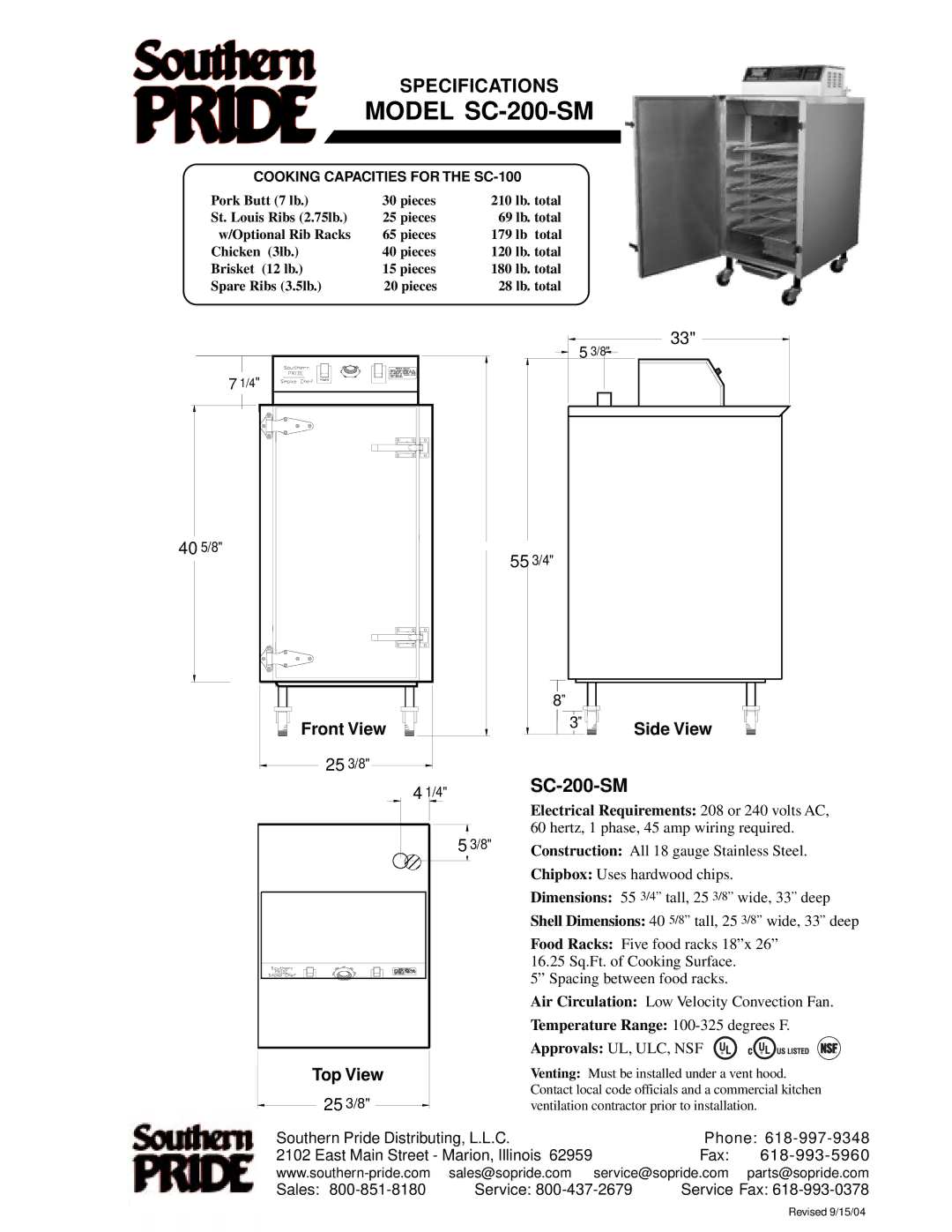 Southern Pride manual Model SC-200-SM, Temperature Range 100-325 degrees F, Approvals UL, ULC, NSF 