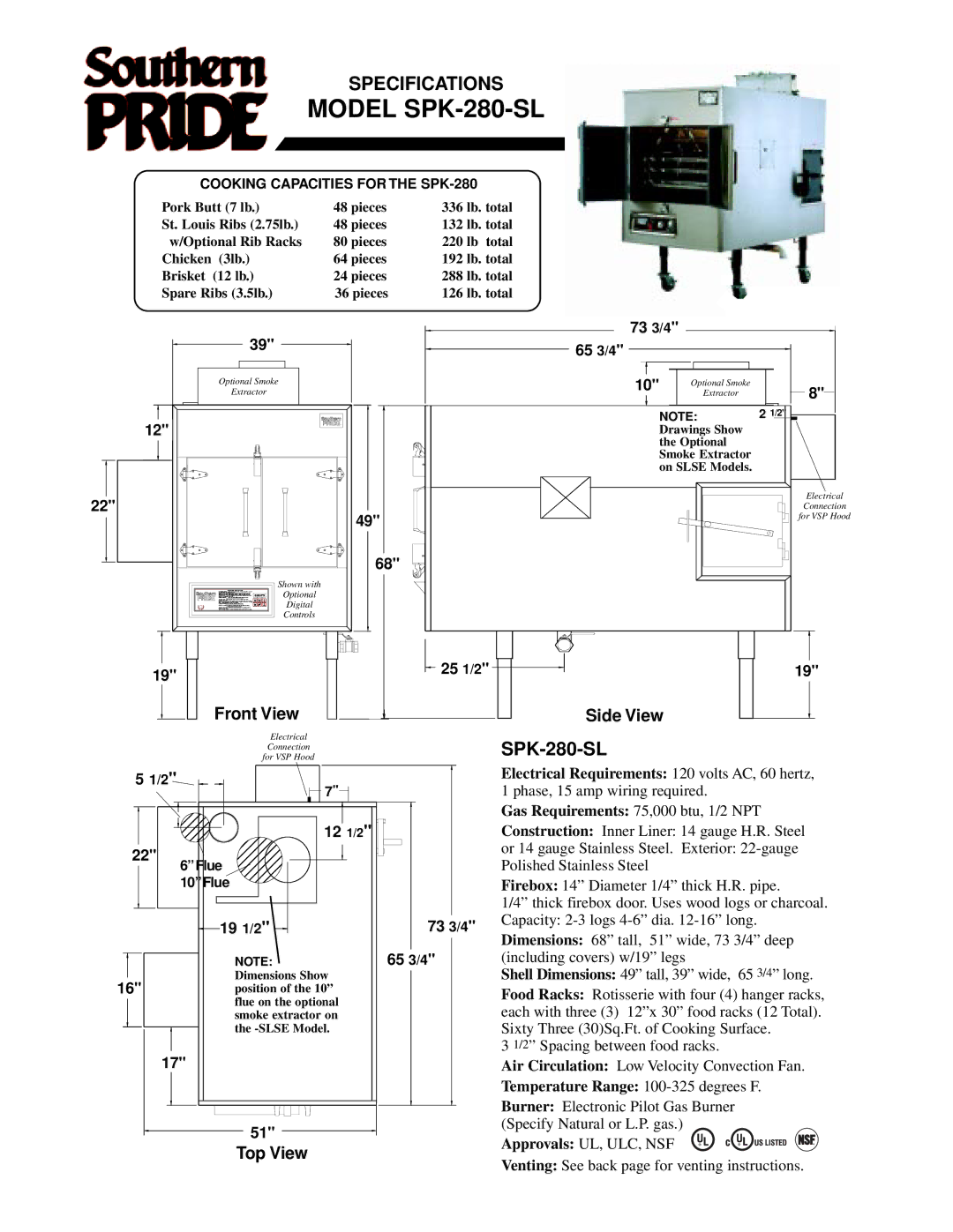 Southern Pride BBR-700-SL, SC-600-SM, XLR-1400-SLSE, XLR-1600-4-SL, SC-100-SM, BBR-79-3-SSE manual Model SPK-280-SL 