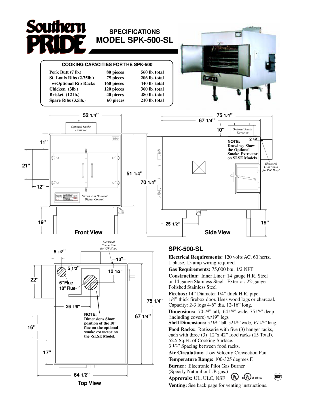 Southern Pride SC-600-SM, XLR-1400-SLSE, XLR-1600-4-SL, SC-100-SM, BBR-79-3-SSE, BBR-700-SL manual Model SPK-500-SL 