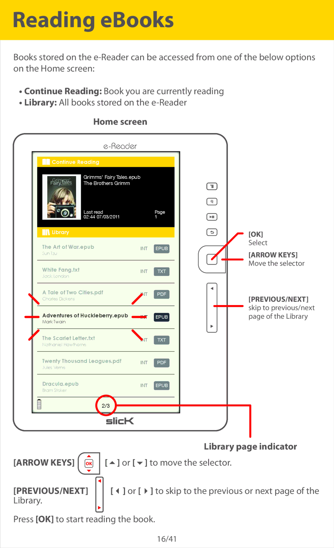 Southern Telecom ER701 manual Reading eBooks, Home screen, Library page indicator,  or  to move the selector 