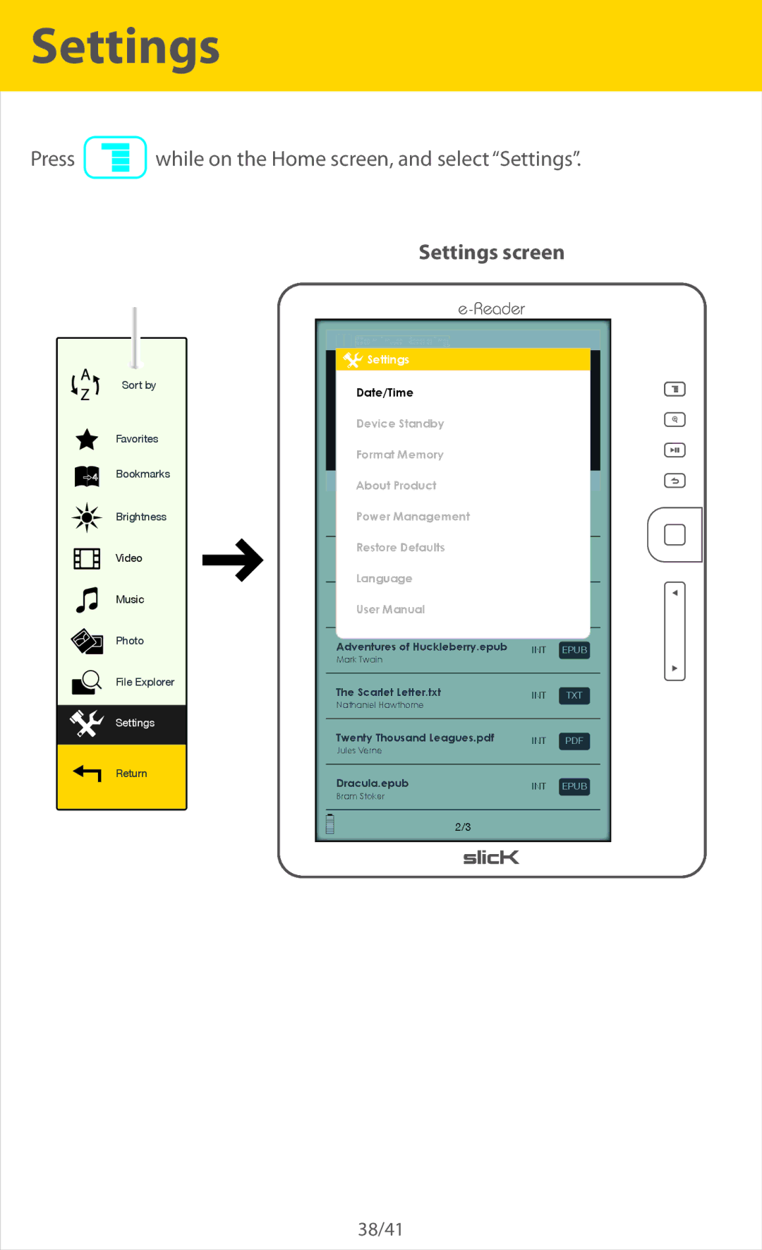 Southern Telecom ER701 manual Settings screen 