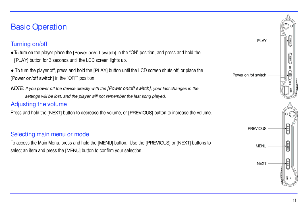 Southern Telecom SMP517-4 manual Basic Operation, Turning on/off, Adjusting the volume, Selecting main menu or mode 