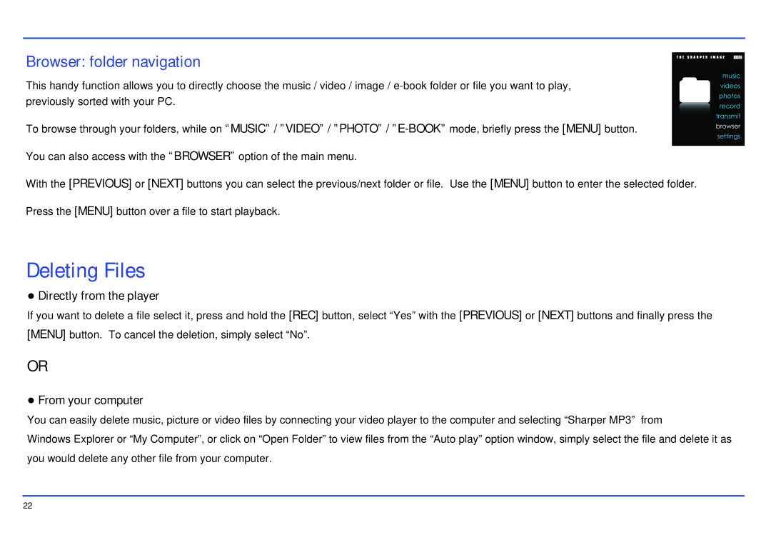 Southern Telecom SMP517-4 manual Deleting Files, Browser folder navigation, Directly from the player, From your computer 